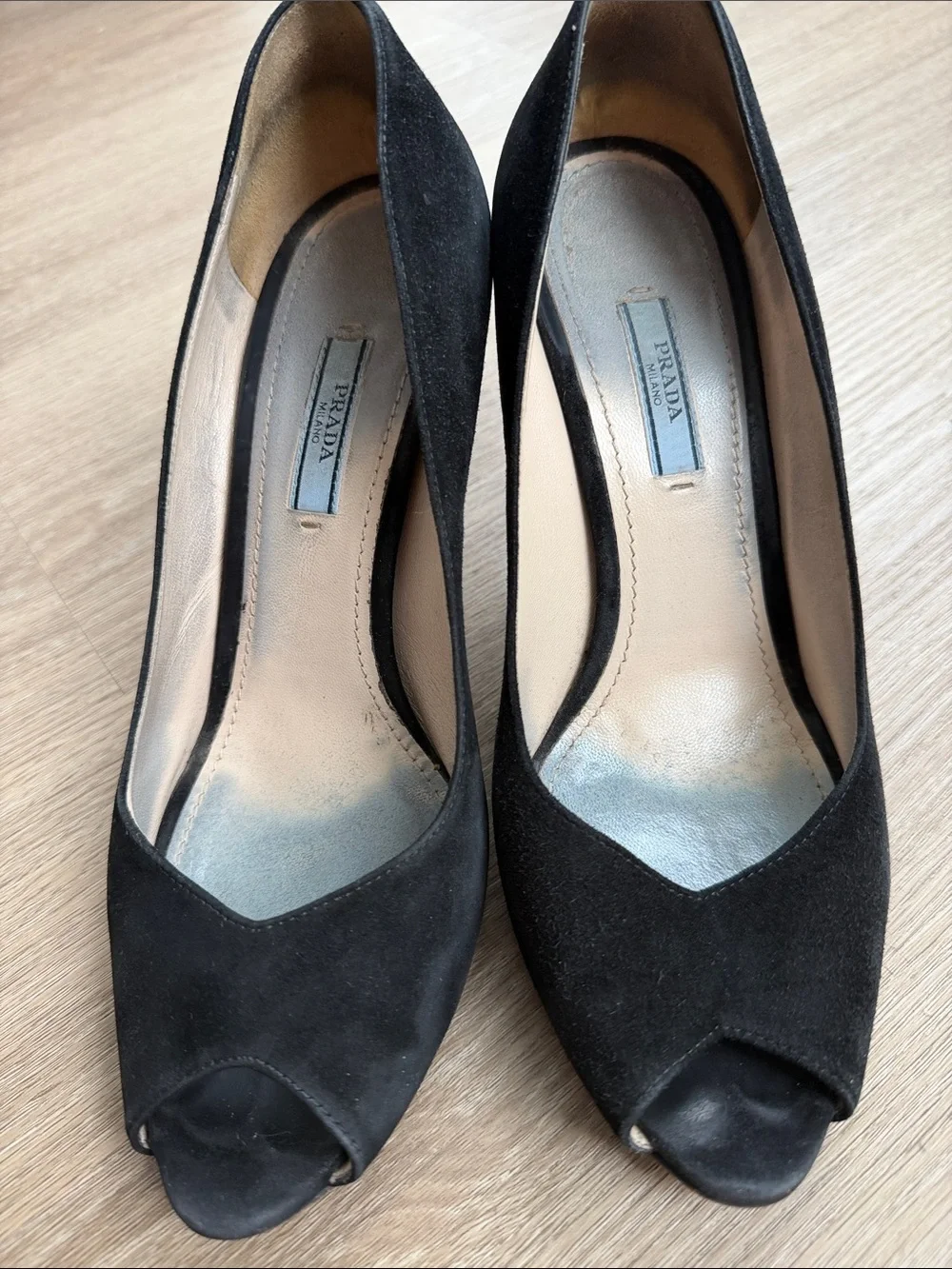 Prada Black Suede Peep Toe Pumps Blue Heels Size 39.5